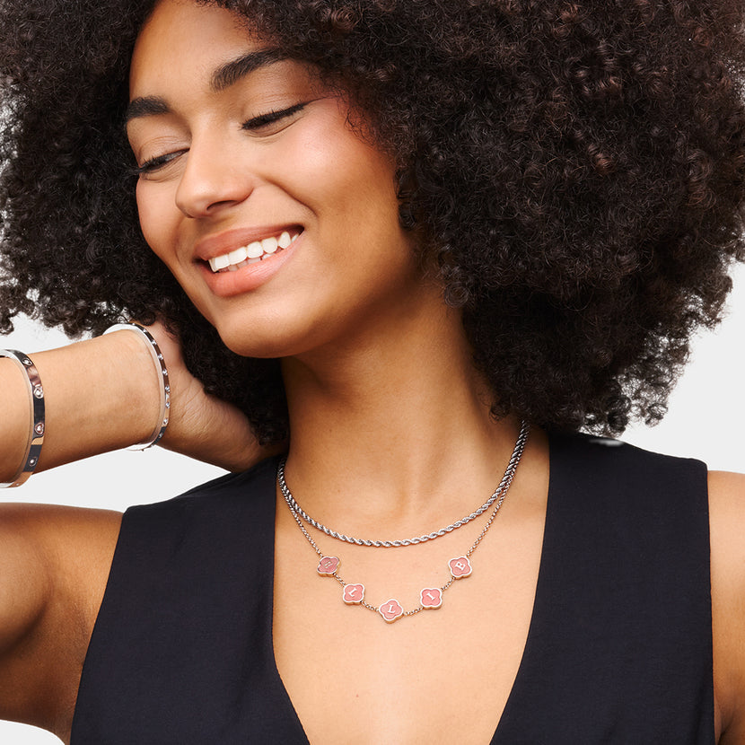 Rose Quartz Clover Custom Name Necklace (Silver)