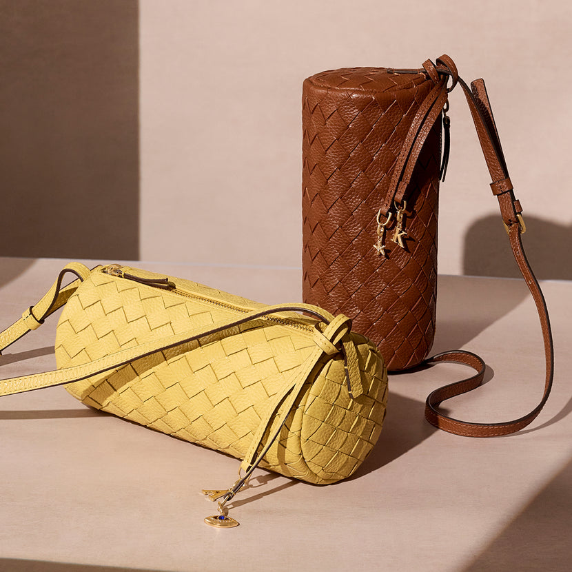 Woven Leather Barrel Bag (Butter Yellow)
