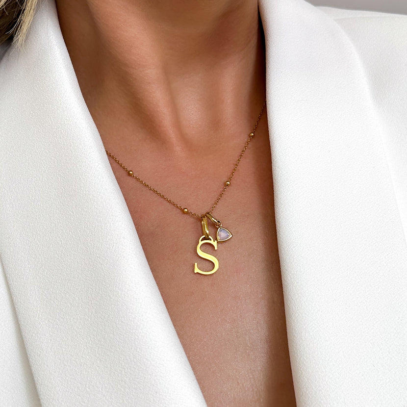 Personalised Initial & Droplet Birthstone Necklace (Gold)