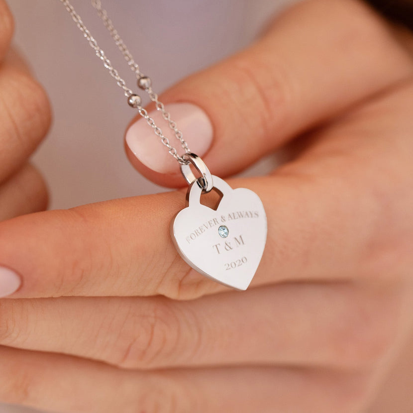 Blue Crystal Heart Token Necklace (Silver)