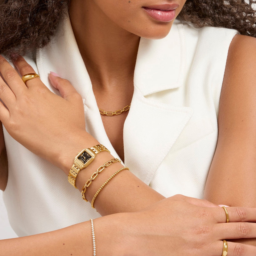 Black Essence Watch & Chain Bracelet Set (Gold)