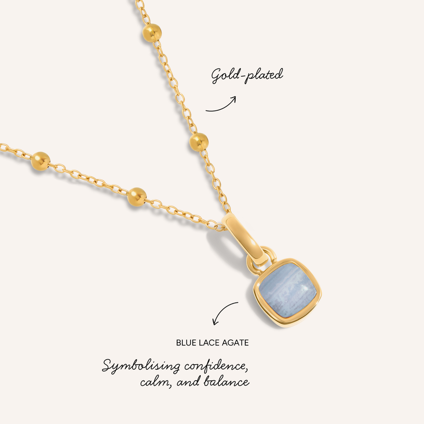 Blue Lace Agate Cushion Necklace (Gold)