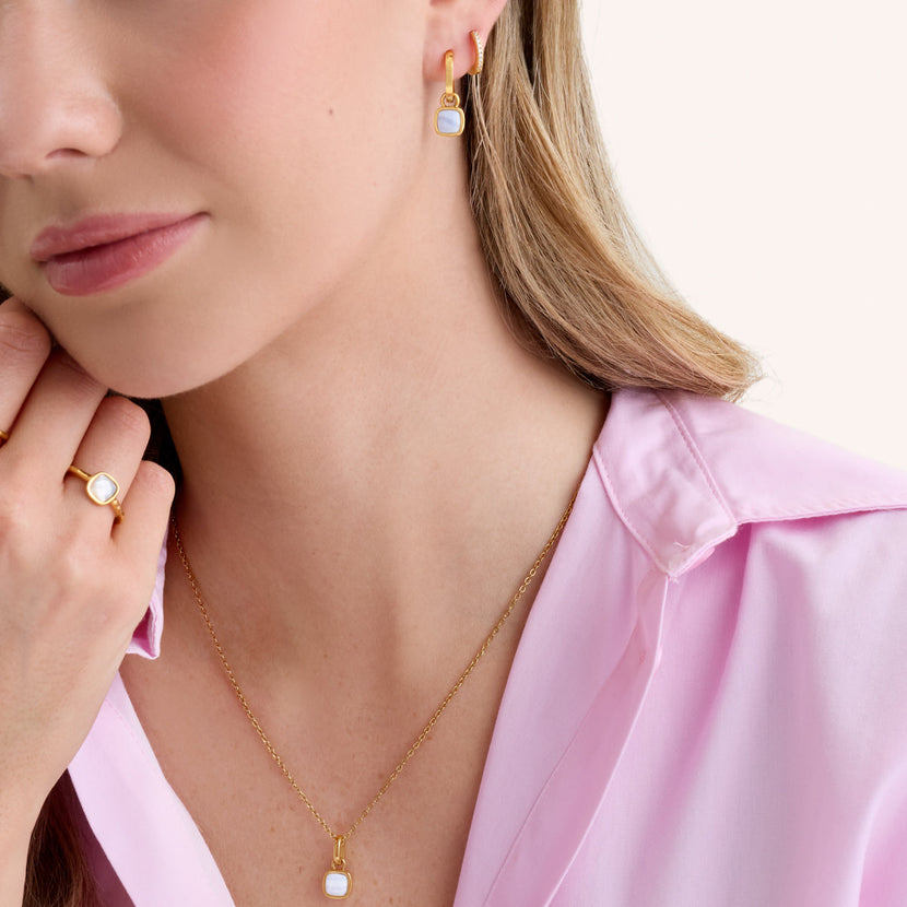Blue Lace Agate Cushion Necklace & Earrings Set (Gold)