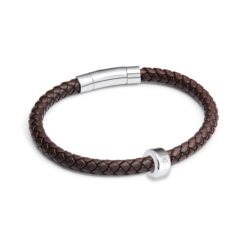 Men's Brown Bonded Leather Engravable Bracelet (Silver)