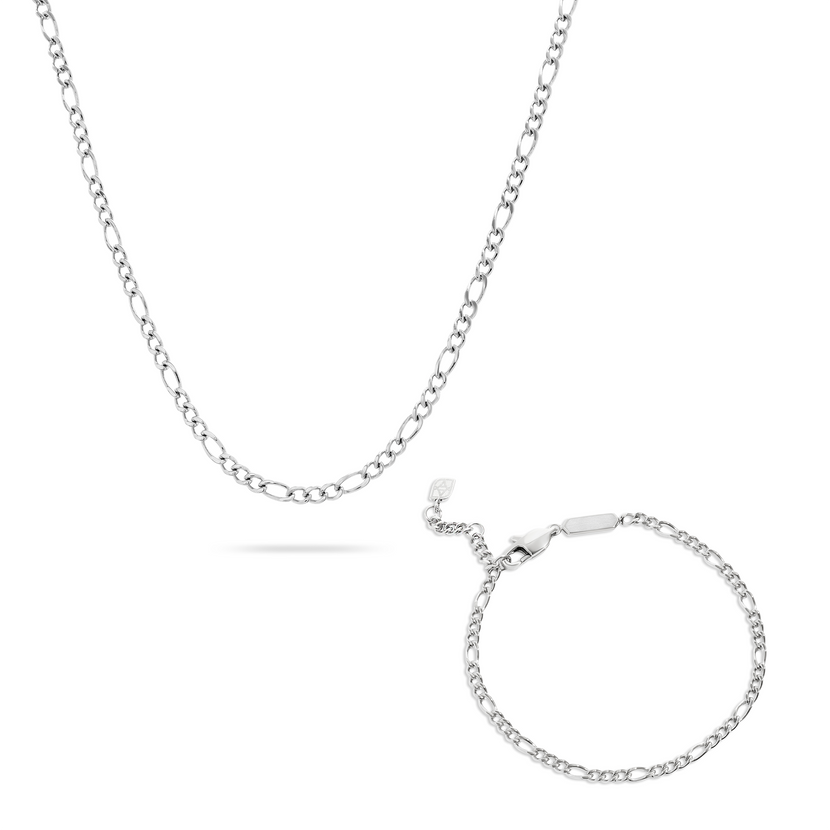 Men's Figaro Chain Necklace & Bracelet Set (Silver)