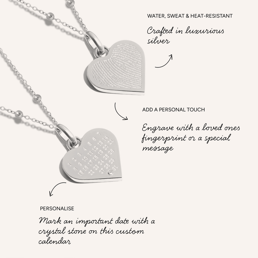 Custom Calendar & Fingerprint Heart Necklace (Silver)