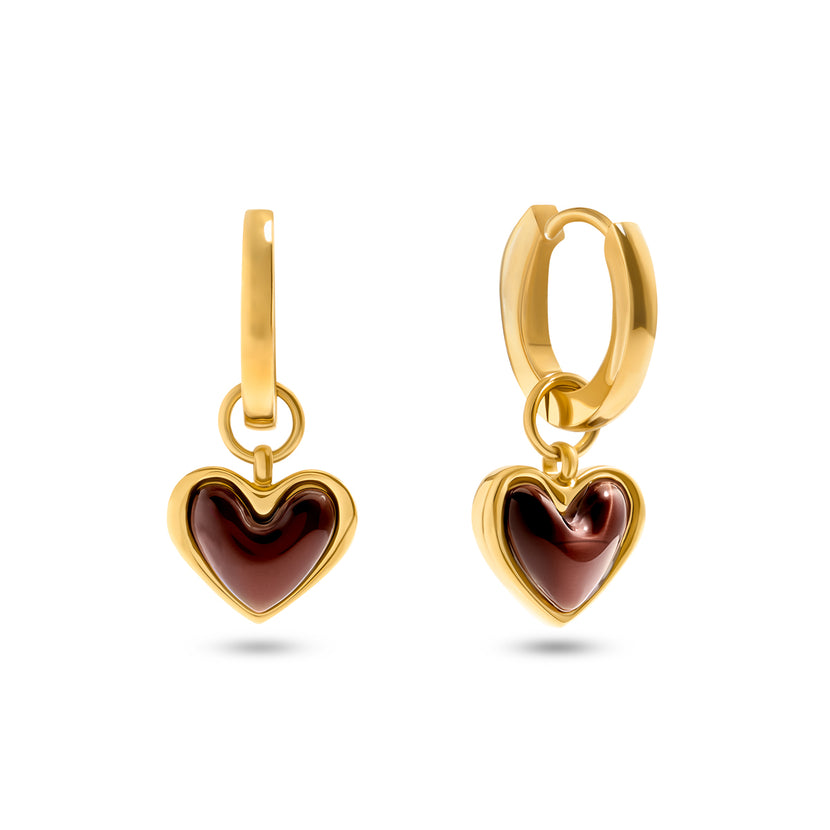 Chocolate Brown Heart Huggie Earrings (Gold)