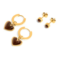 Chocolate Brown Heart Huggie Earrings & Studs Set (Gold)