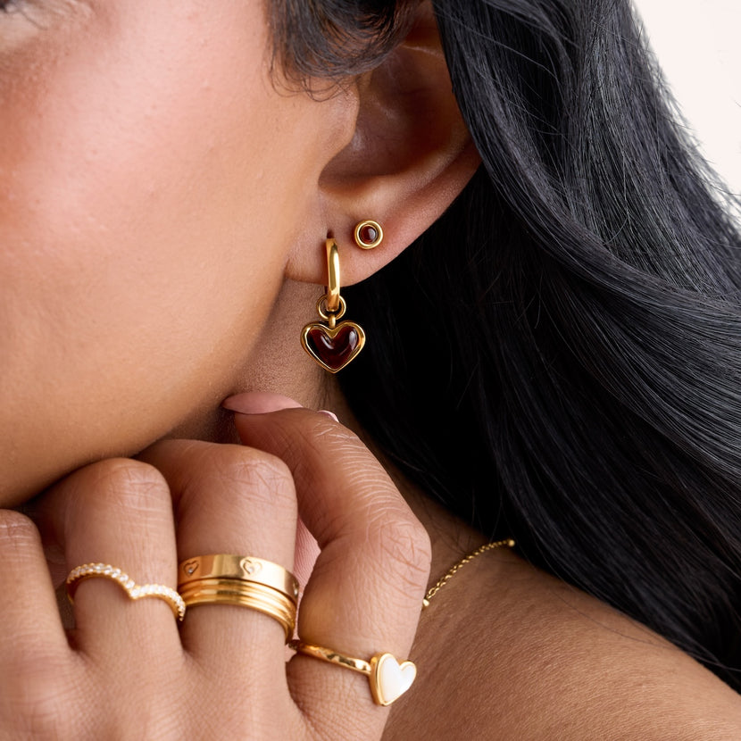 Chocolate Brown Heart Huggie Earrings & Studs Set (Gold)