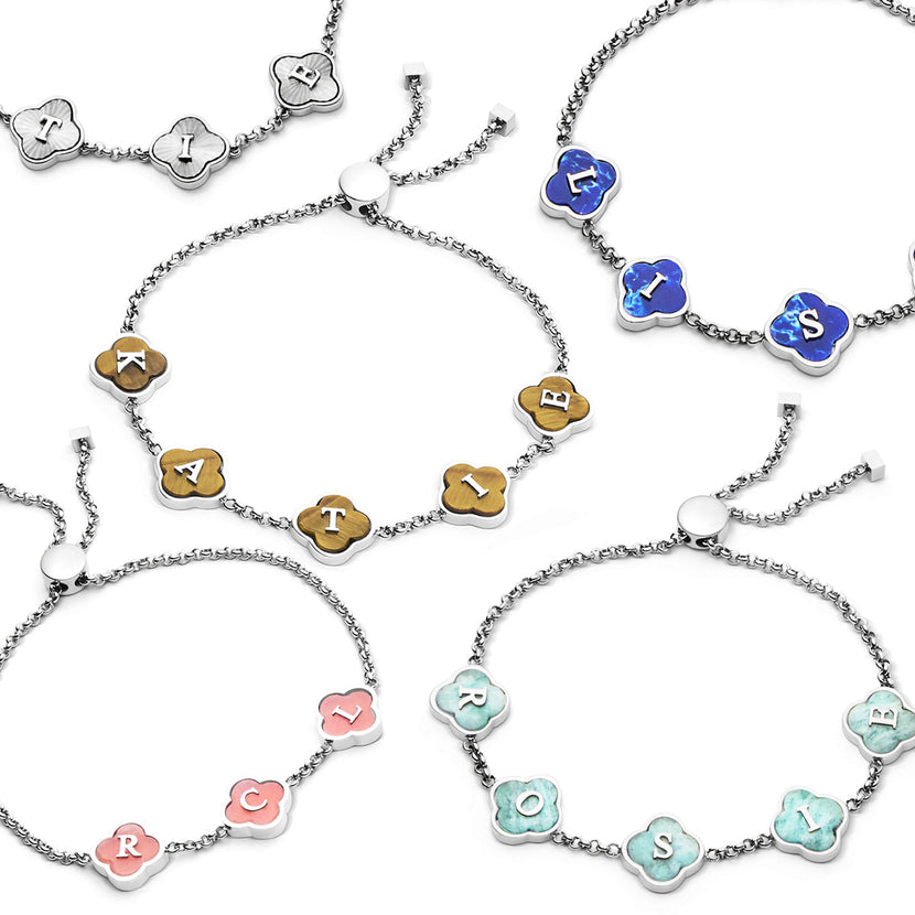 Rose Quartz Clover Custom Name Bracelet (Gold)