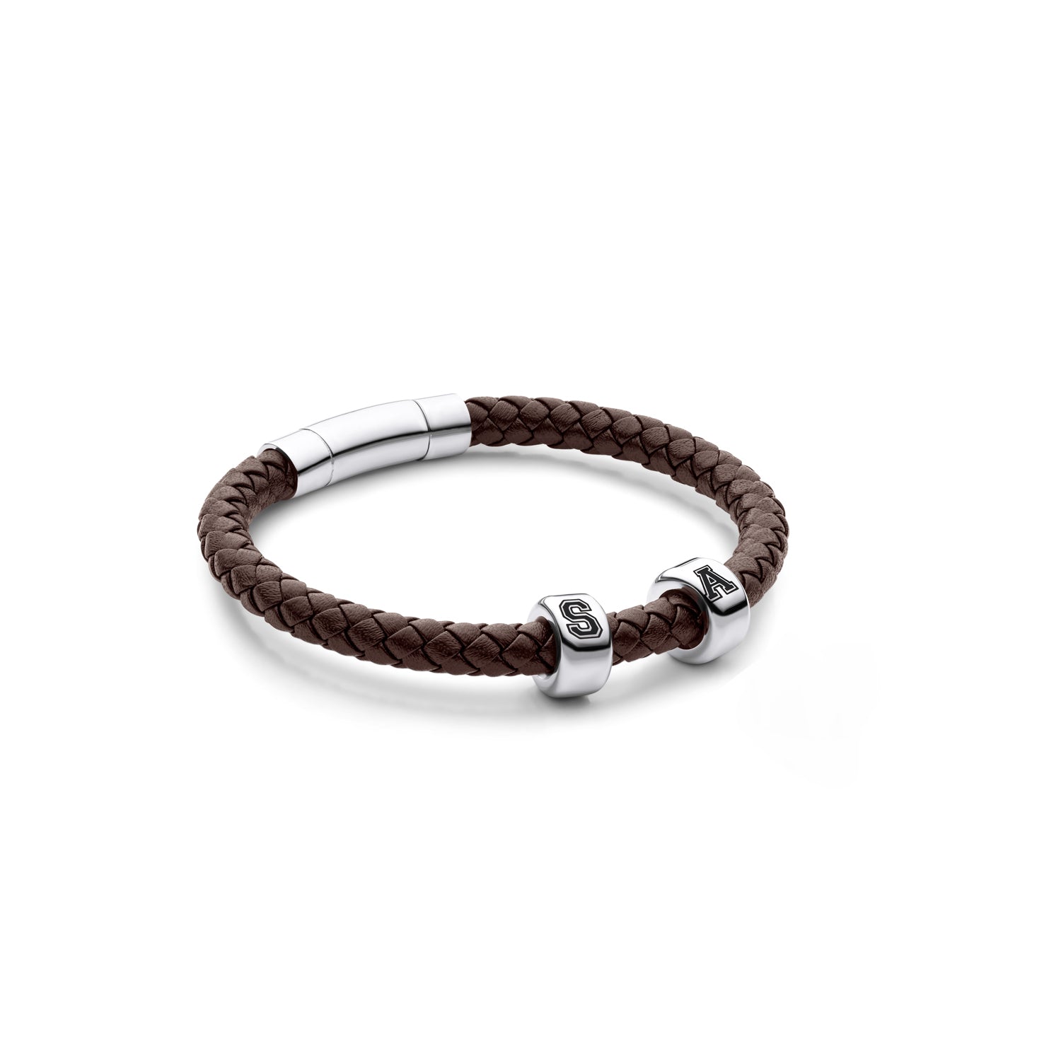 Men's Brown Bonded Leather Bracelet (Silver) - Main Image
