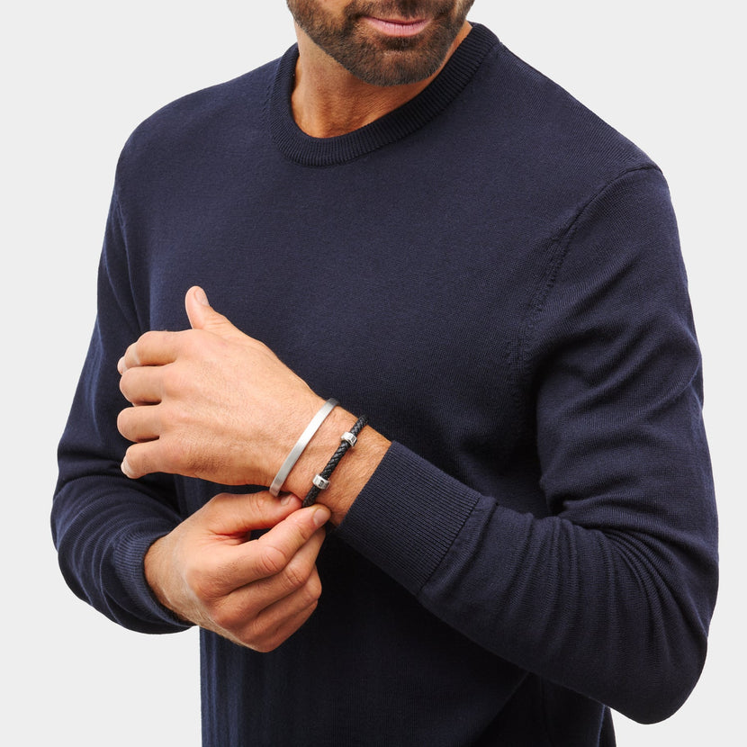 Men's Black Bonded Leather Bracelet (Silver)