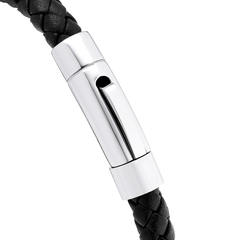 Men's Black Bonded Leather Bracelet (Silver)