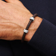 Men's Brown Bonded Leather Engravable Bracelet (Silver)