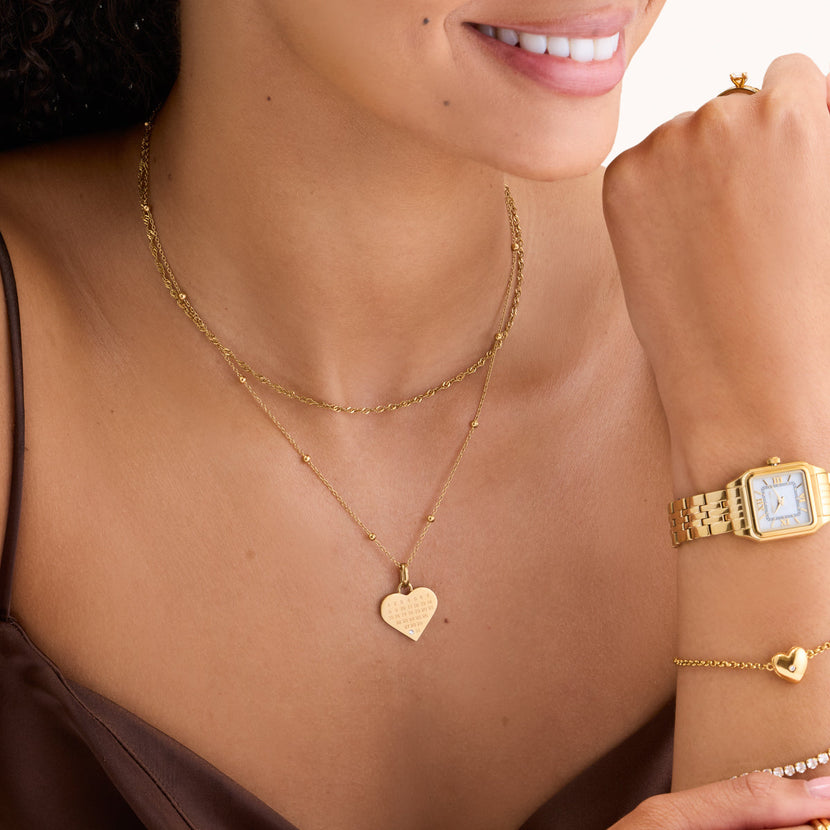 Custom Calendar & Fingerprint Heart Necklace (Gold)