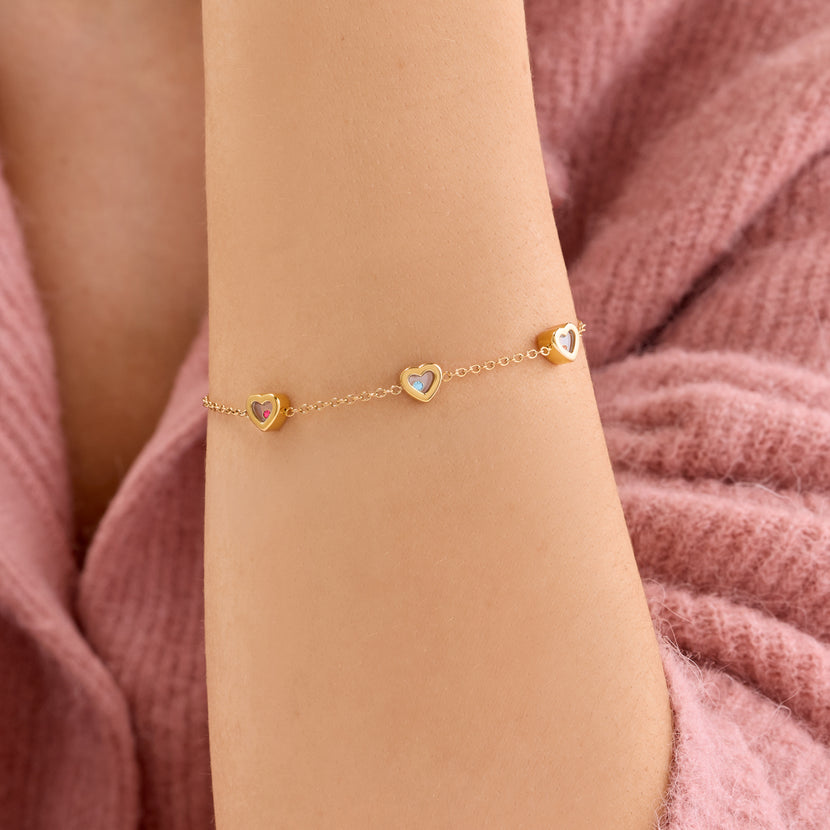 Floating Birthstone Multi Heart Bracelet (Gold)