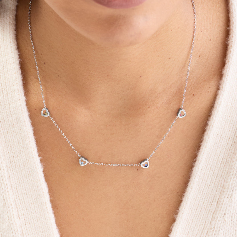 Floating Birthstone Multi Heart Necklace (Silver)