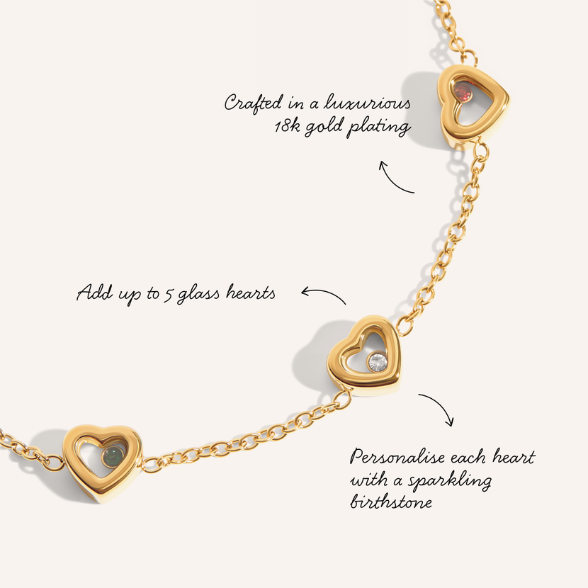 Floating Birthstone Multi Heart Bracelet (Gold)