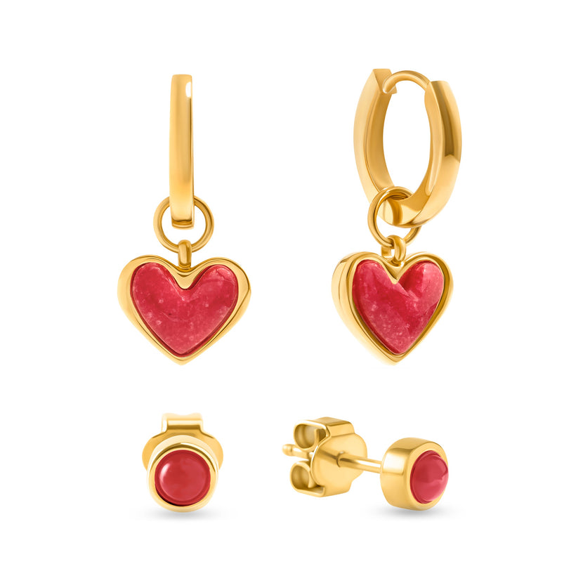 Fuchsia Quartz Heart Earring Set (Gold)