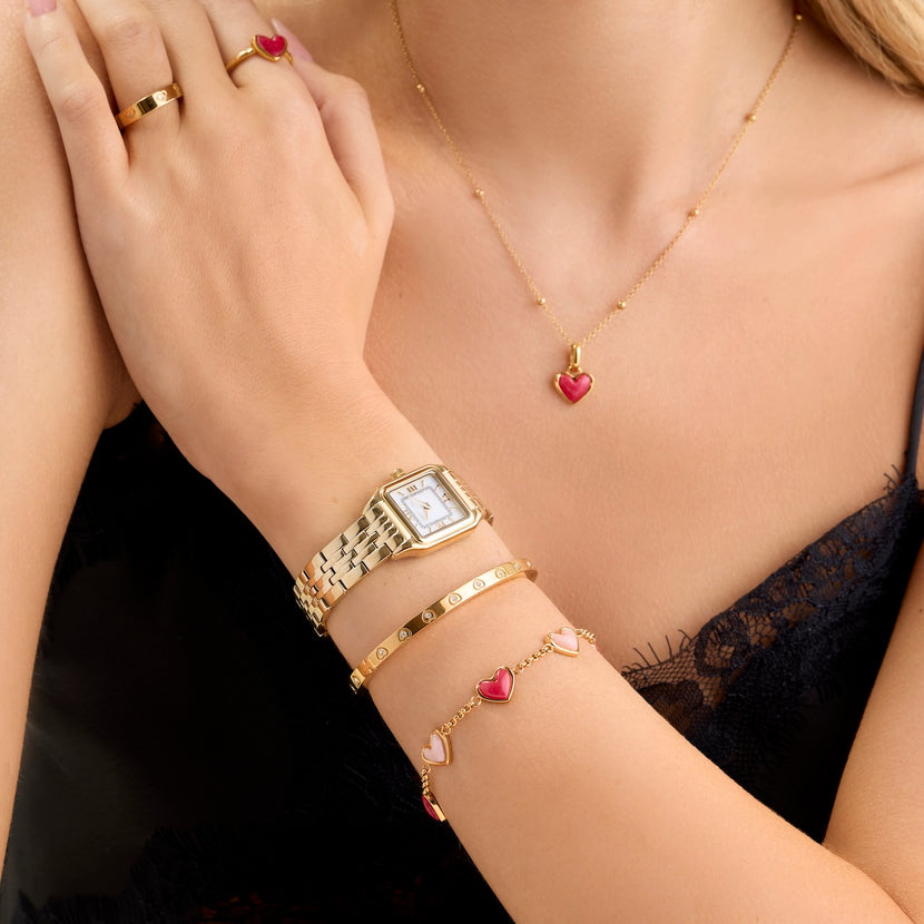 Fuchsia & Pale Pink Multi Quartz Heart Bracelet (Gold)