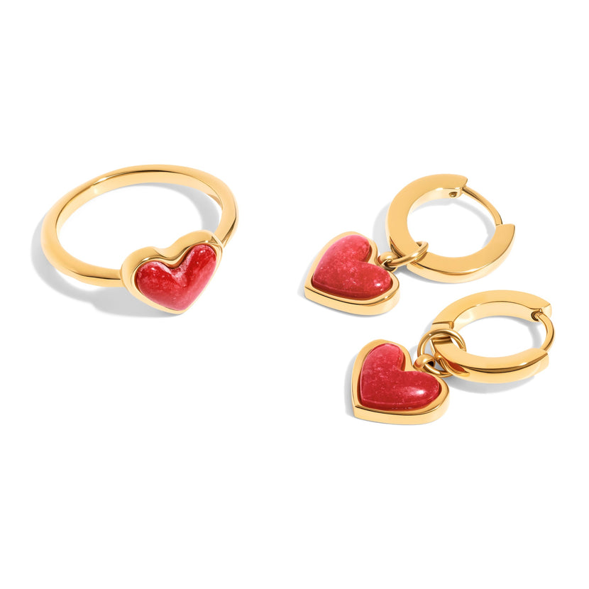 Fuchsia Quartz Heart Ring & Huggie Set (Gold)