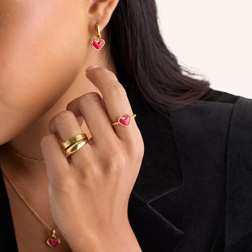 Fuchsia Quartz Heart Ring & Huggie Set (Gold)