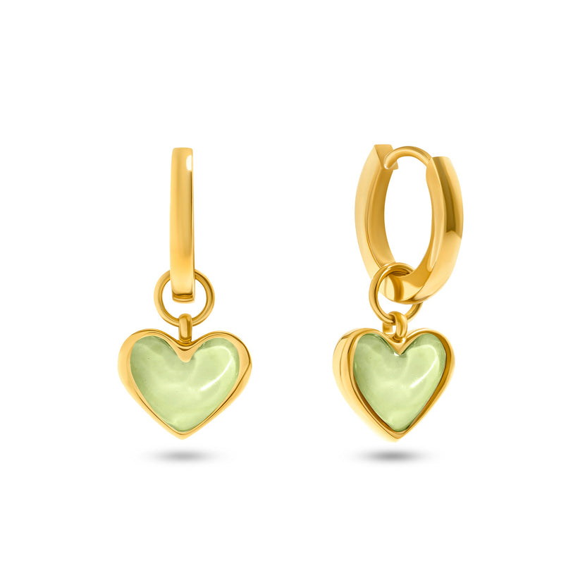 Mint Green Quartz Heart Huggie Earrings (Gold)