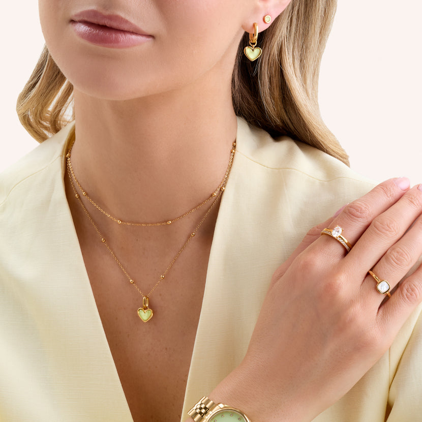 Mint Green Quartz Heart Huggie Earring Set (Gold)