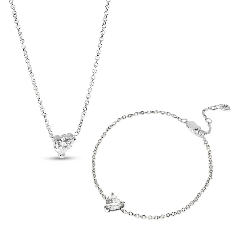 Heart Bracelet & Necklace Set (Silver)