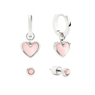 Pale Pink Opal Heart Huggie Earrings & Stud Set (Silver)