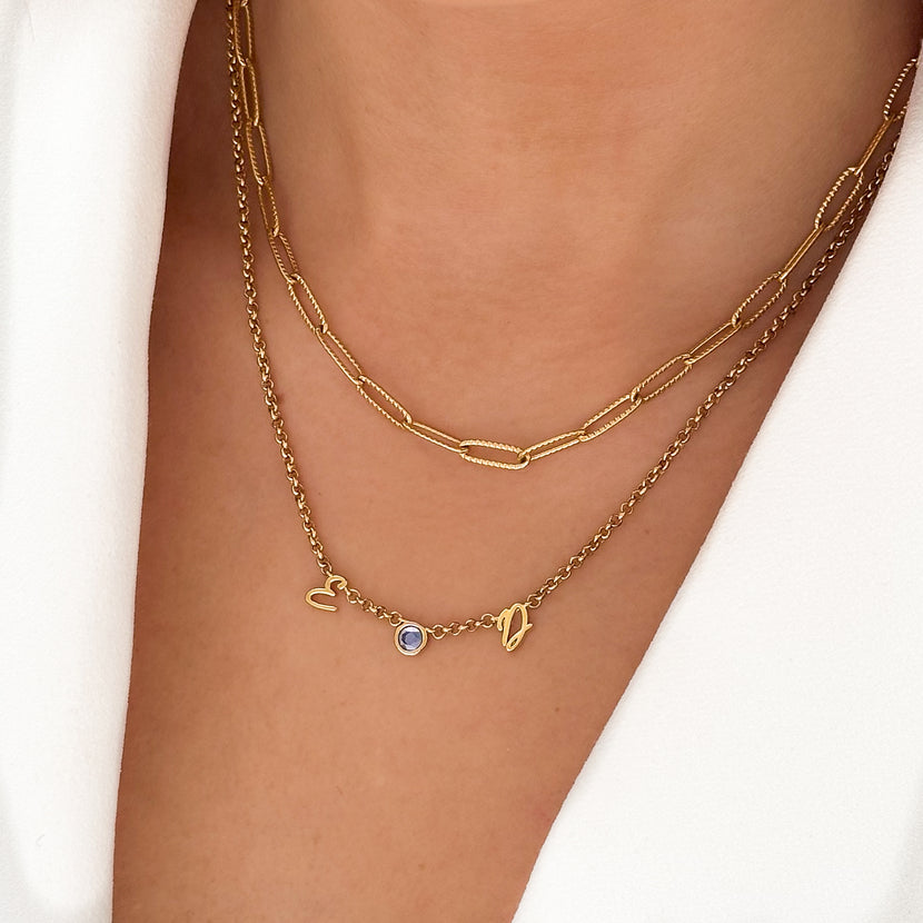 Made Mine Initials & Birthstone Necklace (Gold)