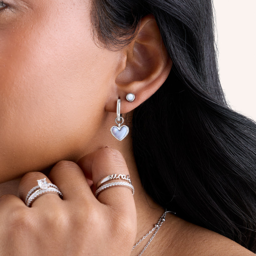 Light Blue Lace Agate Heart Huggie Earrings & Stud Set (Silver)