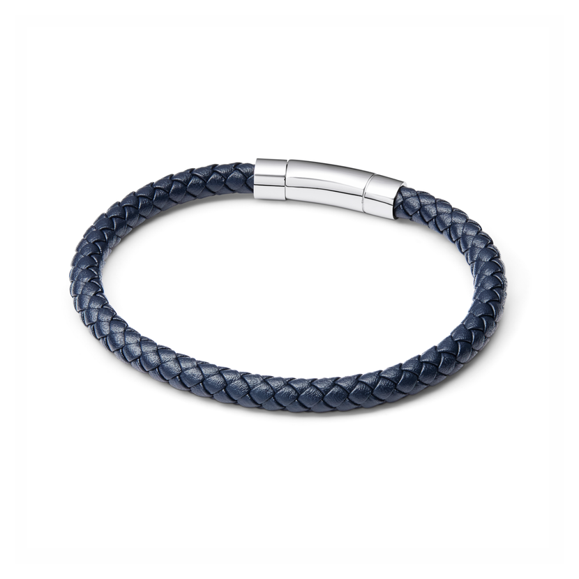 Men's Navy Bonded Leather Bracelet (Silver)