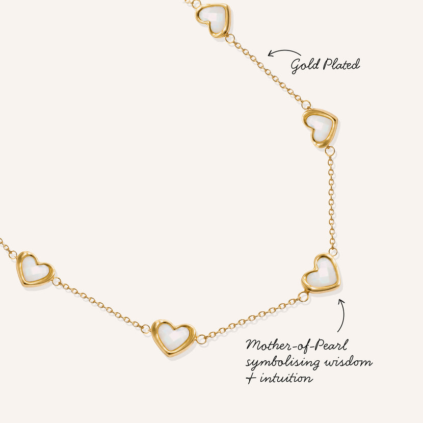 Multi Mother of Pearl Mini Hearts Necklace & Bracelet Set (Gold)