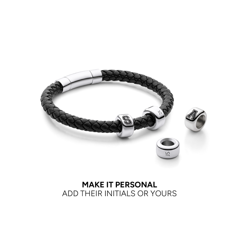 Men's Black Bonded Leather Engravable Bracelet (Silver)
