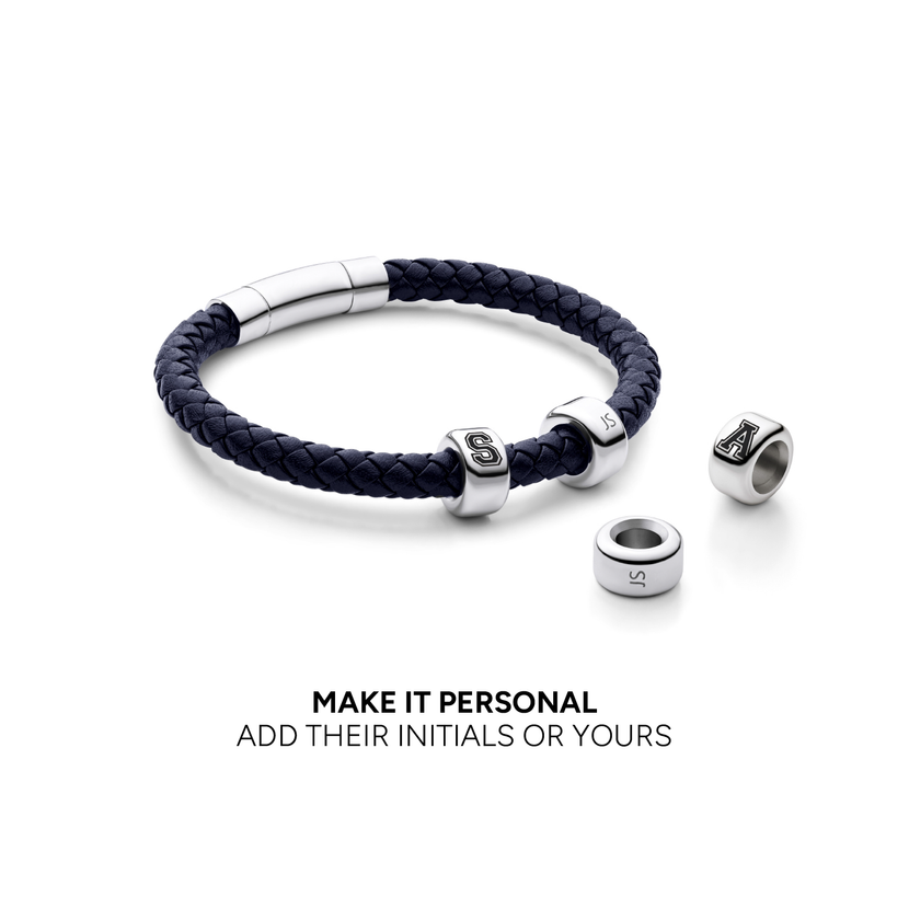 Men's Navy Bonded Leather Engravable Bracelet (Silver)