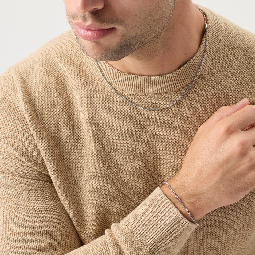 Men's Fine Curb Chain Necklace & Bracelet Set (Silver)