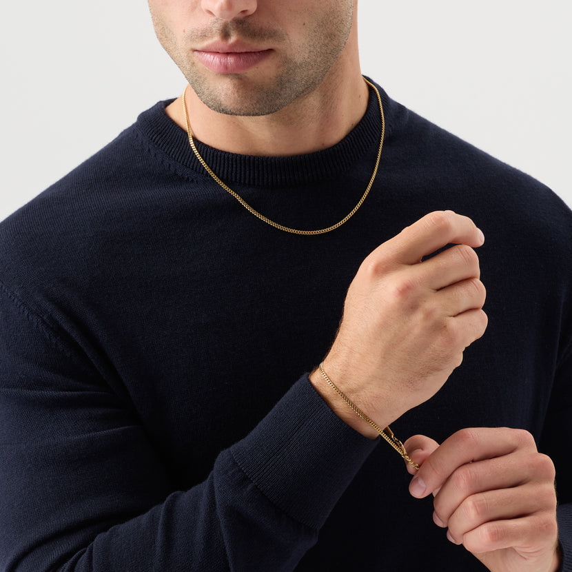 Men's Fine Curb Chain Necklace & Bracelet Set (Gold)