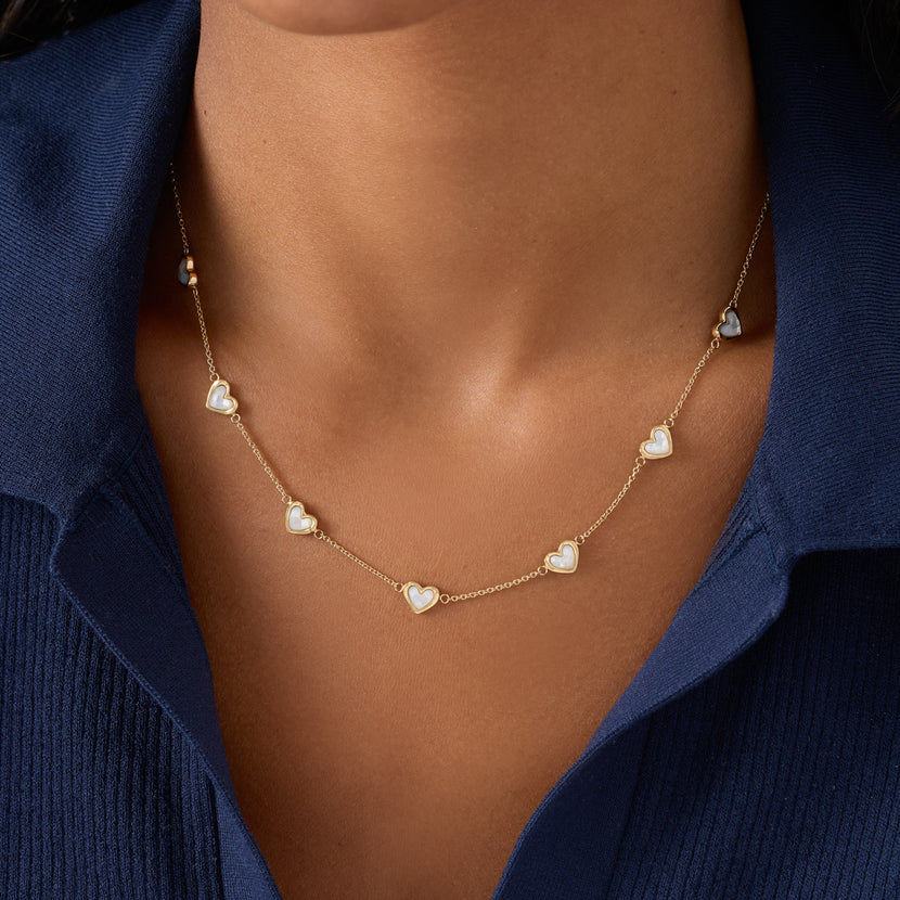 Multi Mother of Pearl Mini Hearts Necklace (Gold)