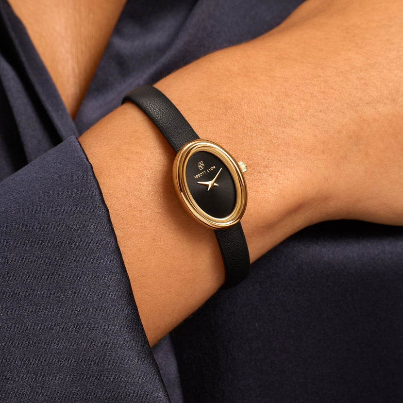 Monroe Leather Watch & Onyx Bracelet Set (Black/Gold)