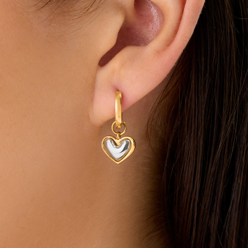 Mixed Metal Heart Huggie Earrings (Gold)