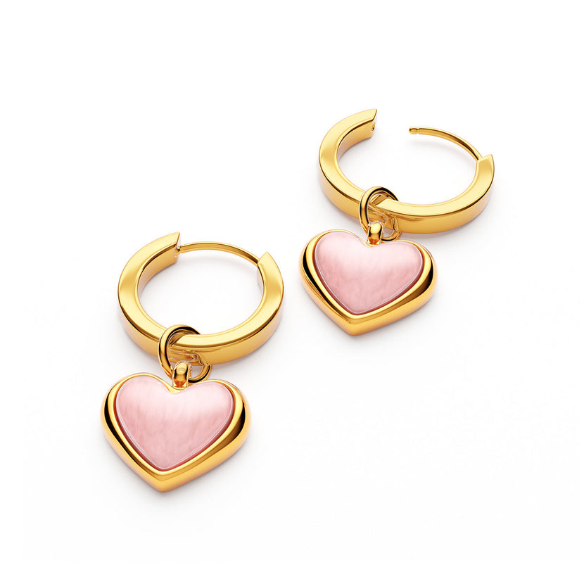 Pale Pink Opal Heart Huggie Earrings (Gold)