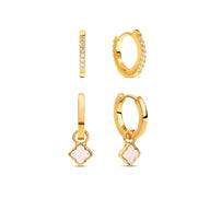 Fine Mini Pearl Clover & Crystal Huggie Earring Set (Gold)