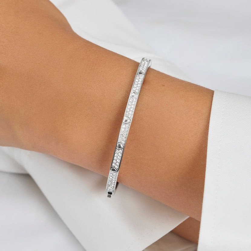 Mini Pavé Crystal Heart Bangle (Silver)