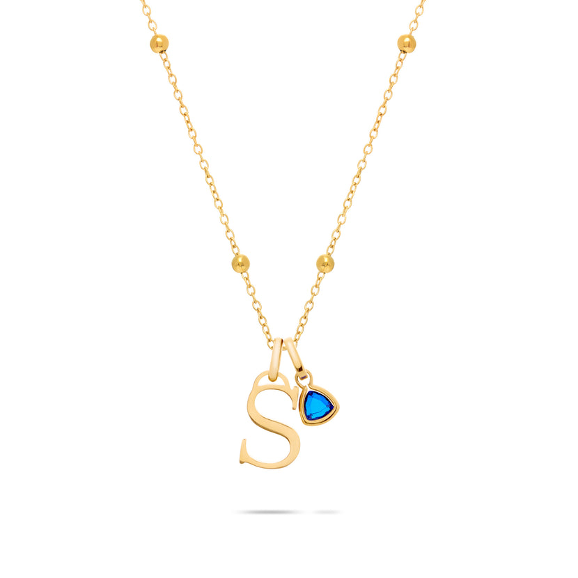 Personalised Initial & Droplet Birthstone Necklace (Gold)