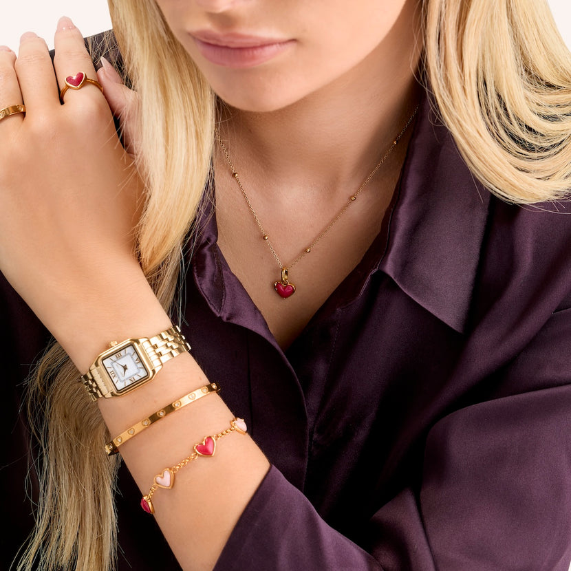Fuchsia Quartz Heart Bracelet & Necklace Set (Gold)
