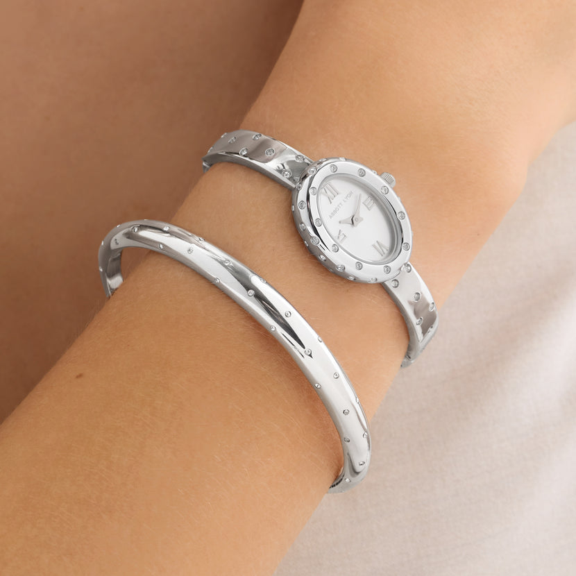 Polka Dot Crystal Watch & Bangle Set (Silver)
