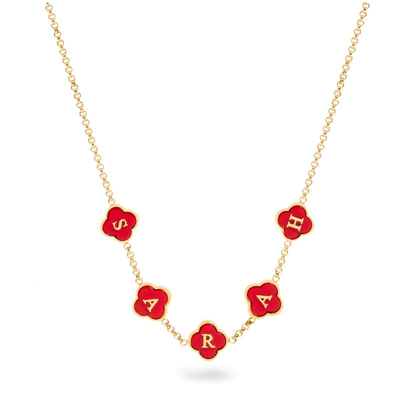 Red Custom Clover Name Necklace (Gold)