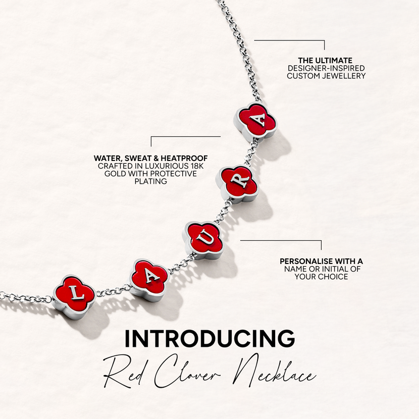 Red Custom Clover Name Necklace (Silver)