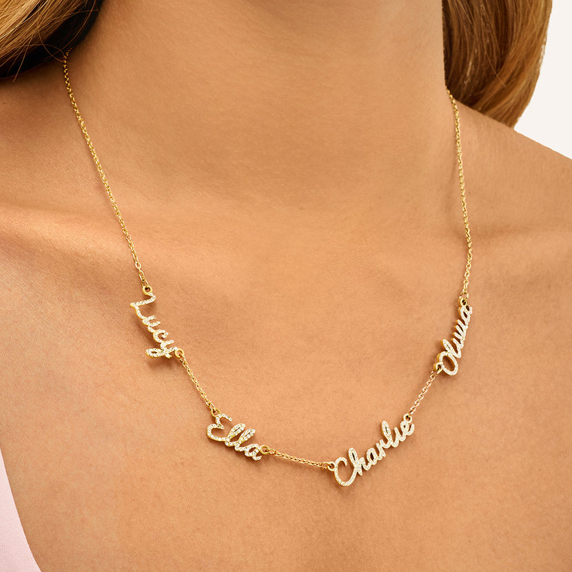 Multi Crystal Cursive Name Necklace (Gold)